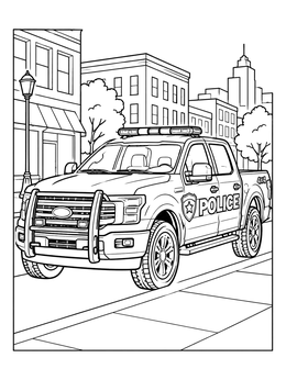 A modern police truck coloring page parked along a city street sidewalk with buildings in the background.