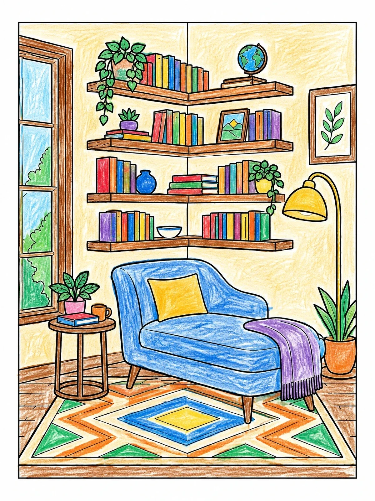 Colored example of the Cozy Modern Corner Reading Nook coloring page