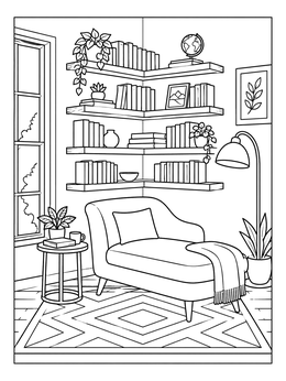 Free printable Cozy Modern Corner Reading Nook coloring page