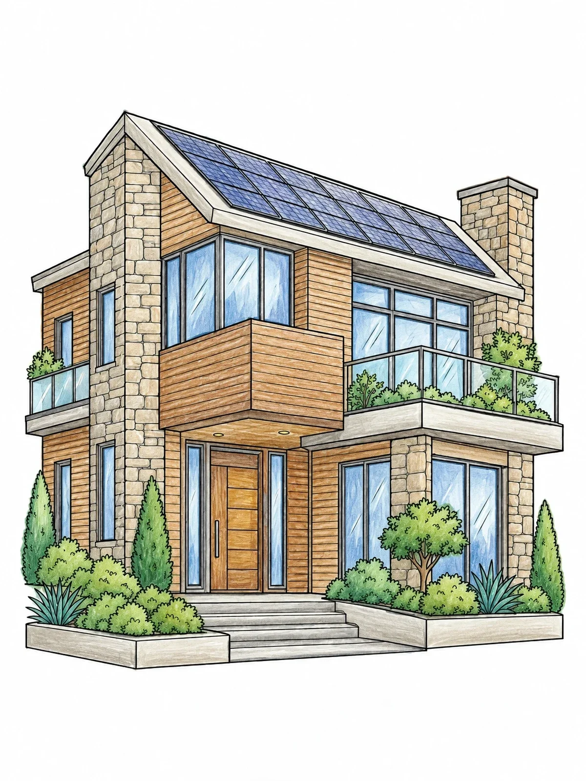 Colored example of the Modern Eco Friendly Mansion With Solar Panels coloring page