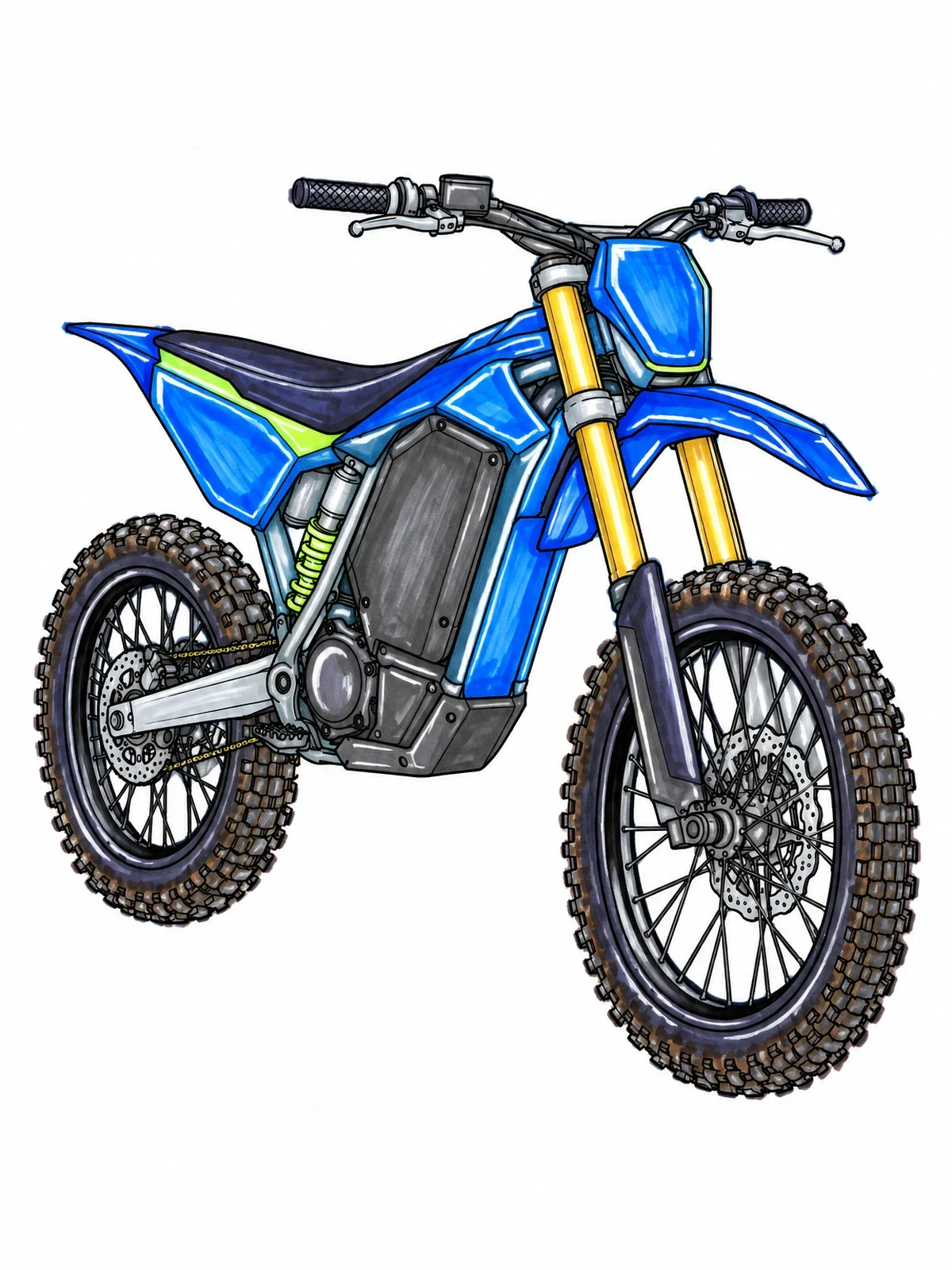 Colored example of the Modern Electric Dirt Bike coloring page