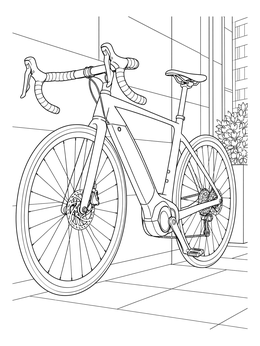 An electric road bike parked by a modern building in this bike coloring page.