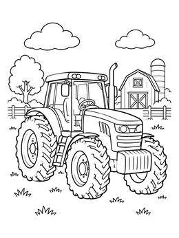 Free printable Modern Farm Tractor Near The Barn coloring page