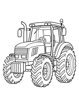 A detailed tractor coloring page showing heavy treaded tires, front grille, and an enclosed driver's cab.