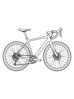 A detailed gravel bike coloring page showing drop handlebars, disc brakes, and rugged tires.