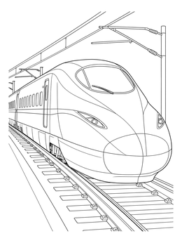 Sleek modern high-speed train coloring page speeding along railway tracks.