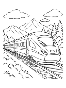 A sleek modern train coloring page speeding along railway tracks in front of mountains.