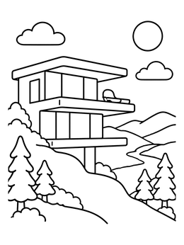A modern hillside house coloring page overlooking mountains and pine trees under a sunny sky.