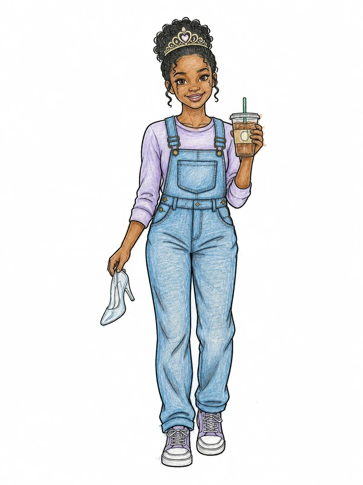 Colored example of the Modern Hipster Princess In Overalls coloring page