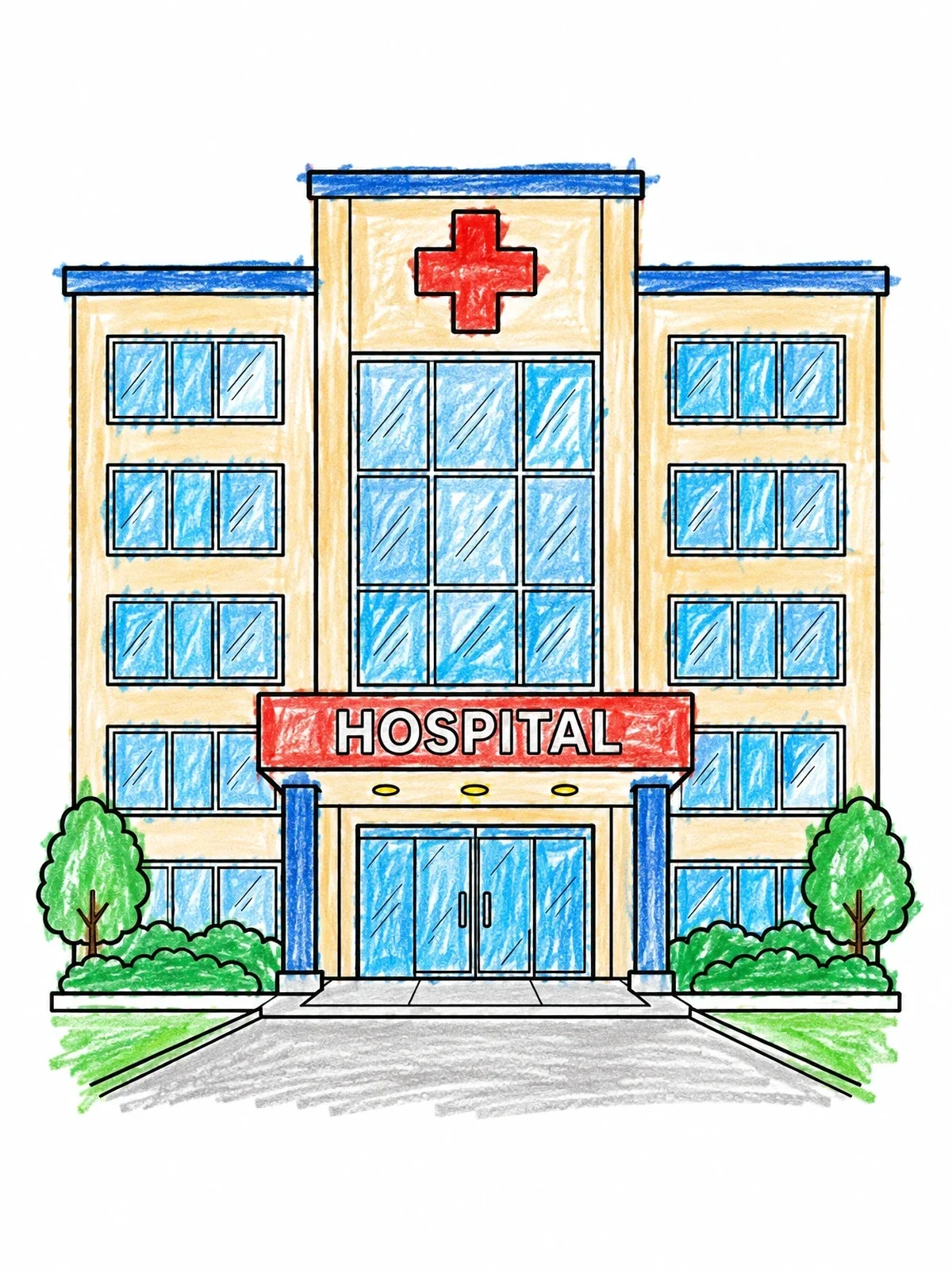 Colored example of the Modern Hospital Building With Entrance coloring page