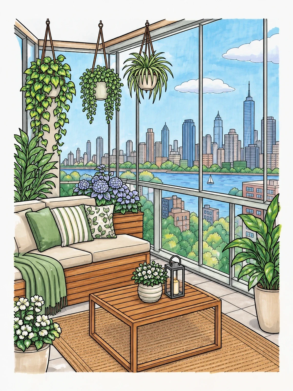 Colored example of the Balcony Garden With City View coloring page