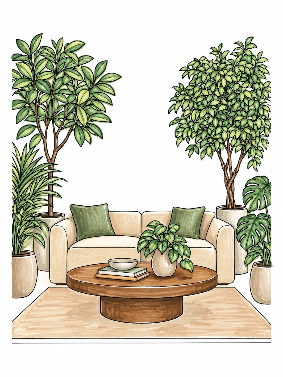 Colored example of the Botanical Living Room Lounge coloring page