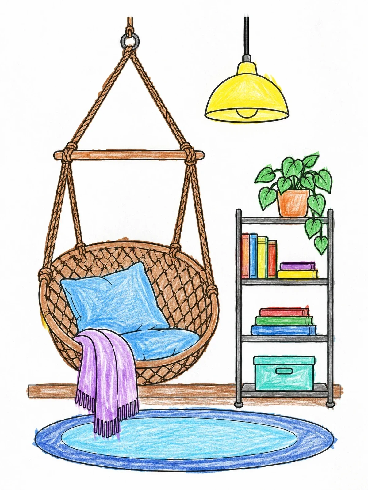 Colored example of the Cozy Hammock Chair Reading Nook coloring page
