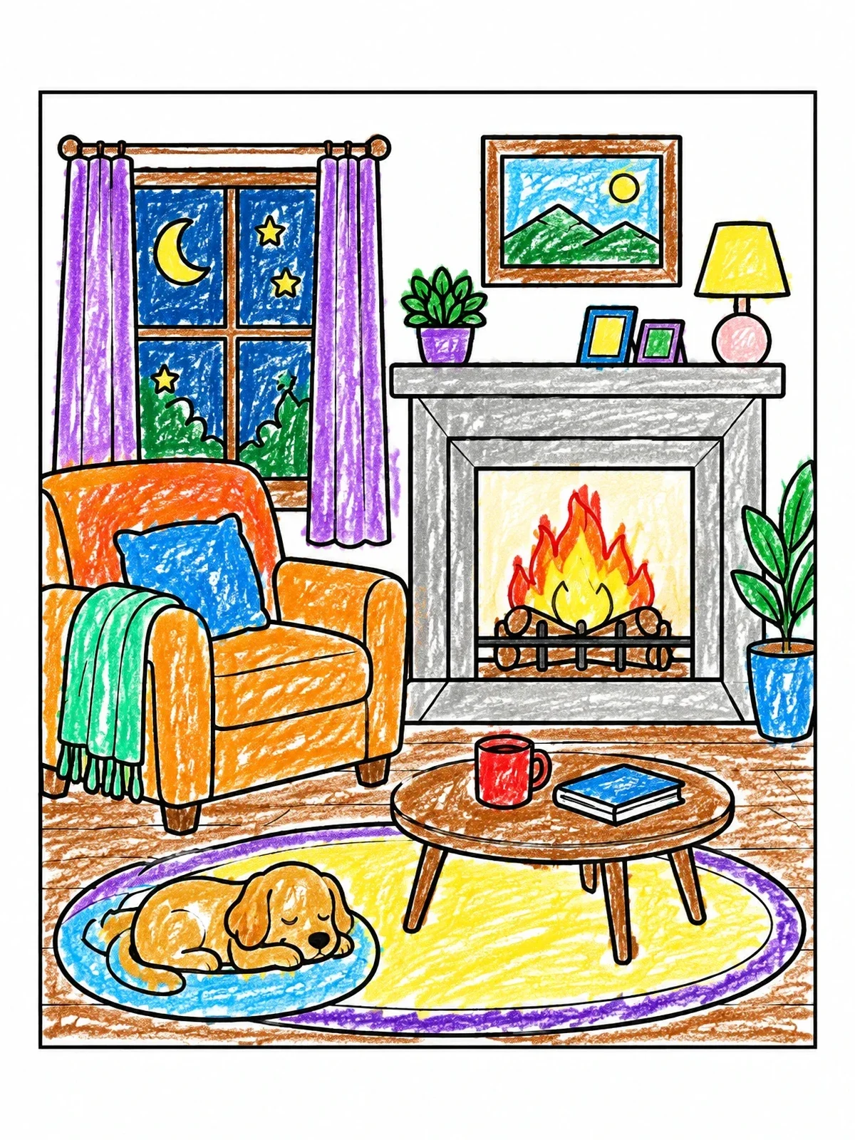 Colored example of the Cozy Living Room With Sleeping Puppy coloring page