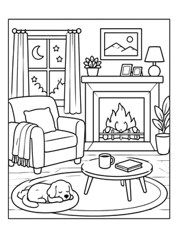 Free printable Cozy Living Room With Sleeping Puppy coloring page