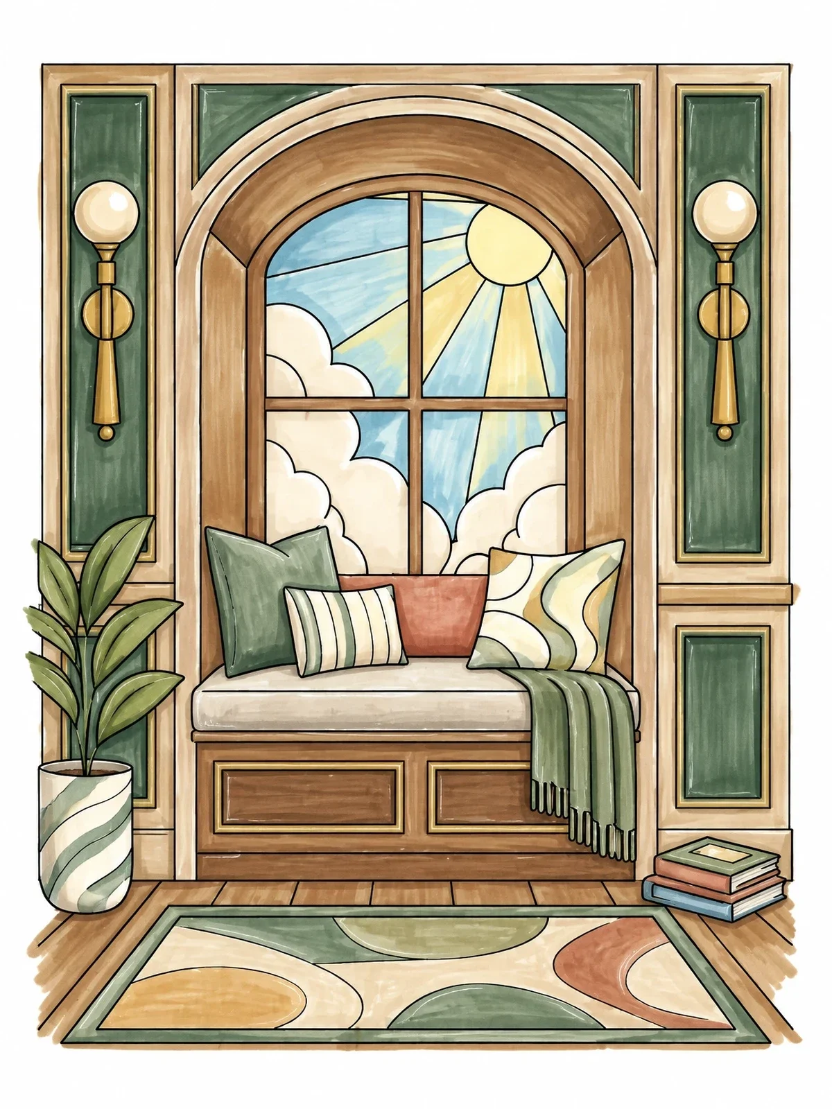 Colored example of the Cozy Sunlit Window Alcove Bench coloring page