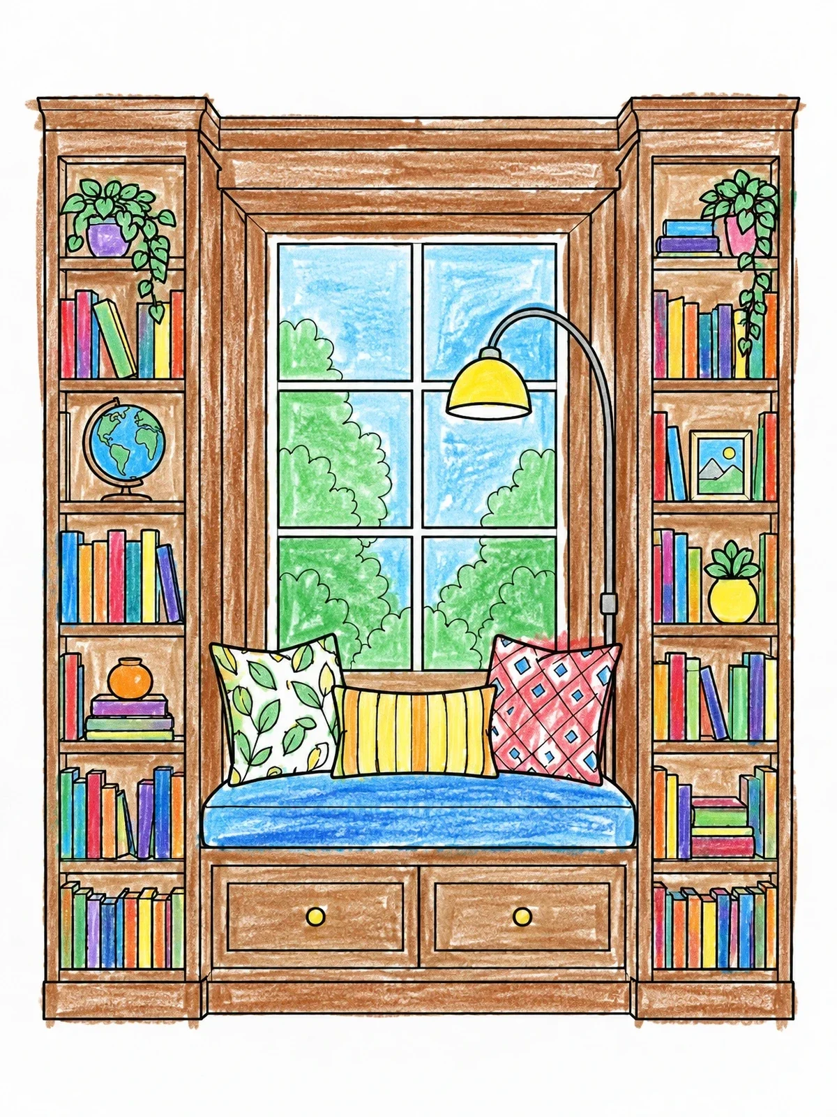 Colored example of the Cozy Window Seat Reading Nook coloring page