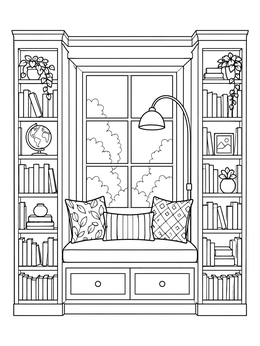 Free printable Cozy Window Seat Reading Nook coloring page