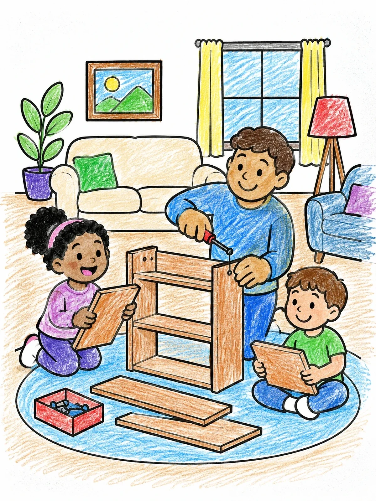 Colored example of the Family Assembling Furniture Together coloring page