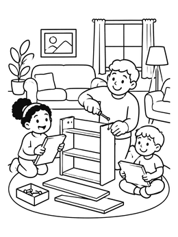 Free printable Family Assembling Furniture Together coloring page