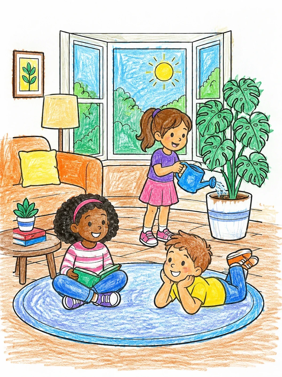 Colored example of the Kids Relaxing In A Sunny Living Room coloring page