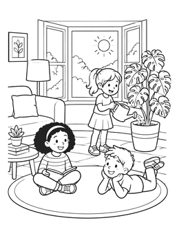 Free printable Kids Relaxing In A Sunny Living Room coloring page