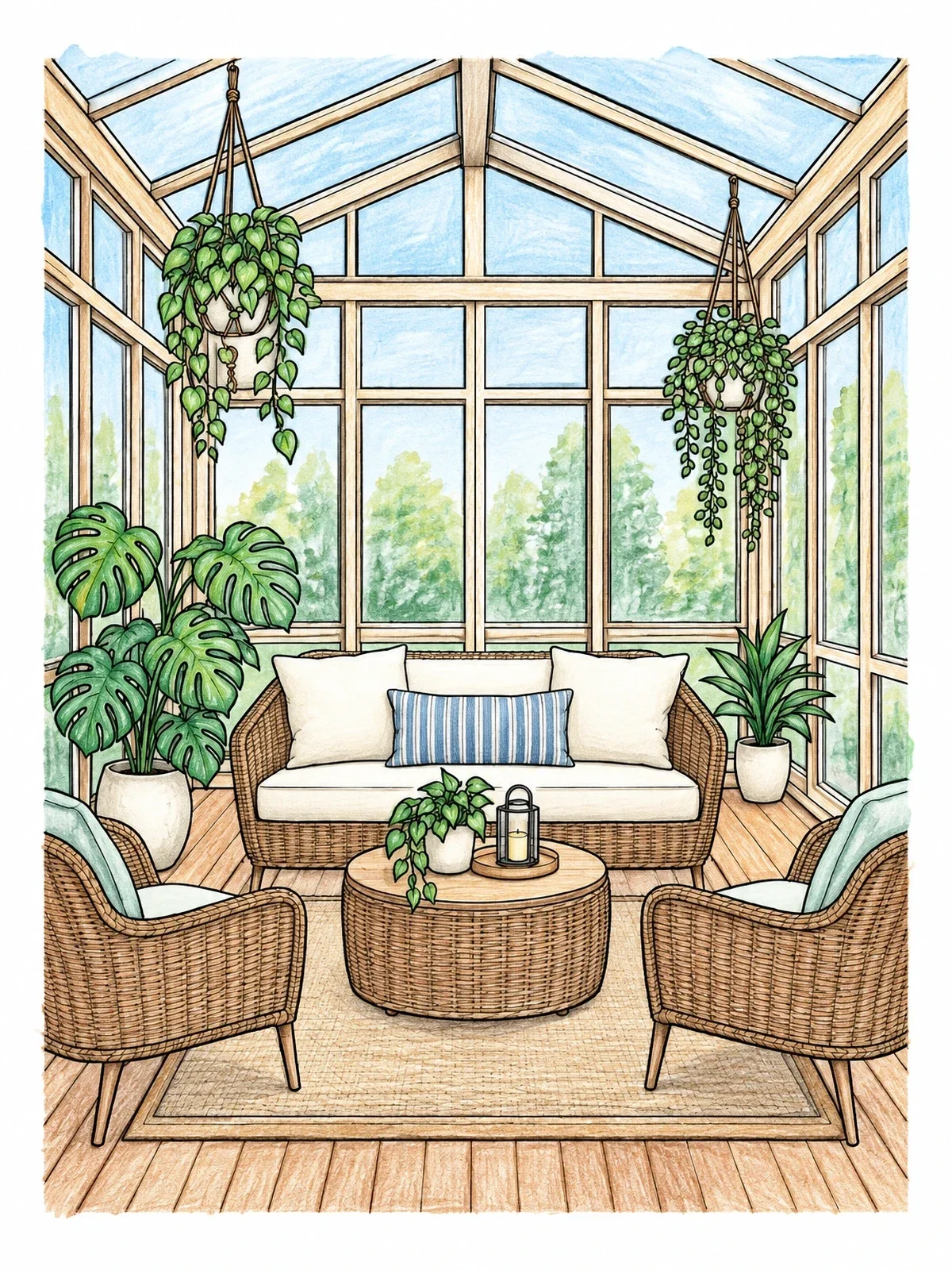 Colored example of the Sunroom With Woven Lounge Furniture coloring page