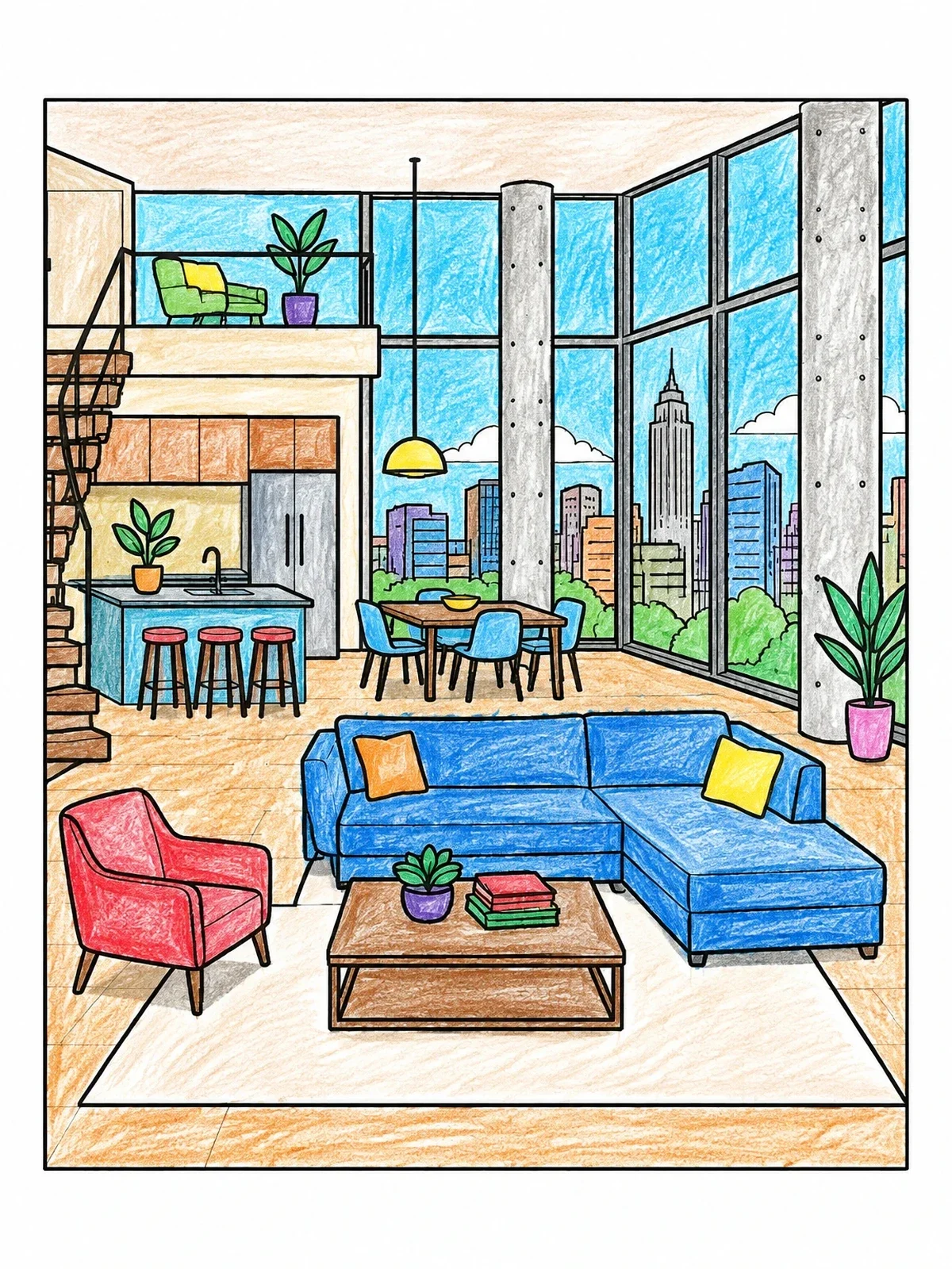 Colored example of the Urban Penthouse Loft With City View coloring page