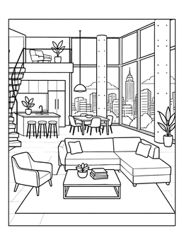Free printable Urban Penthouse Loft With City View coloring page