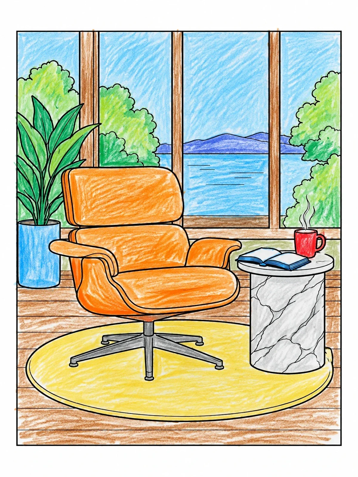 Colored example of the Cozy Modern Lounge Chair By The Window coloring page
