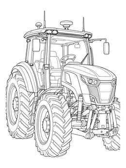 Detailed modern tractor coloring page with glass cab and heavy suspension.