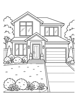A detailed two-story house coloring page featuring a driveway, front garden, and garage.