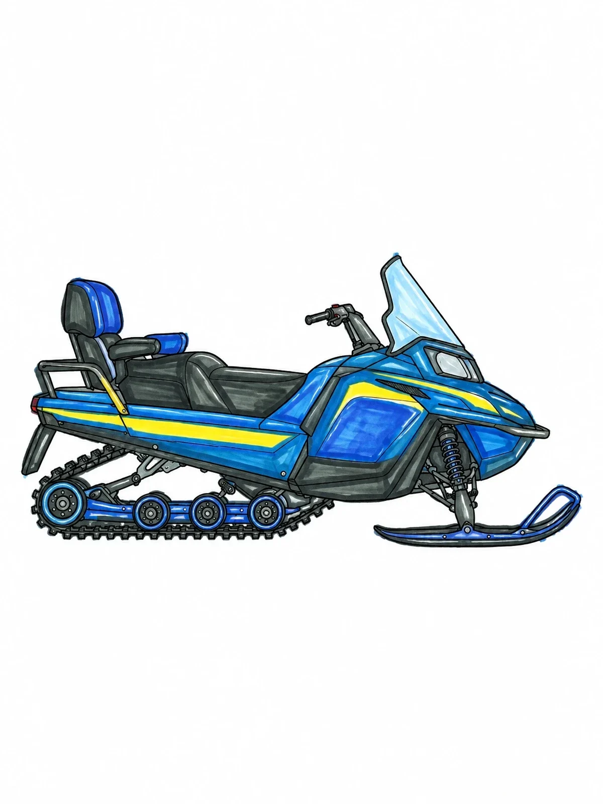 Colored example of the Modern Touring Snowmobile Side View coloring page