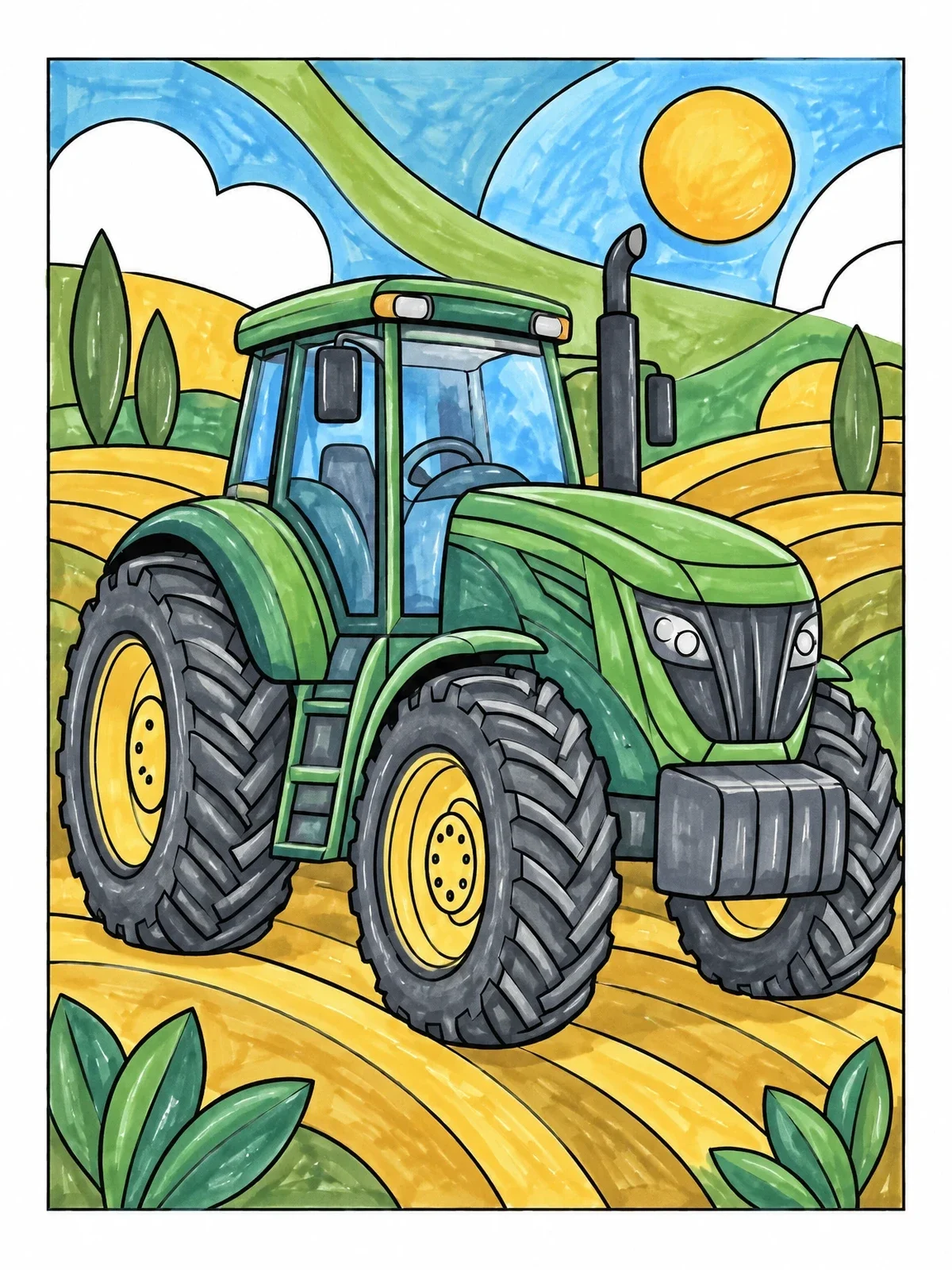 Colored example of the Modern Tractor In The Field coloring page