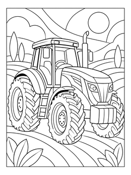 A detailed tractor coloring page showing a heavy modern tractor in farm fields.