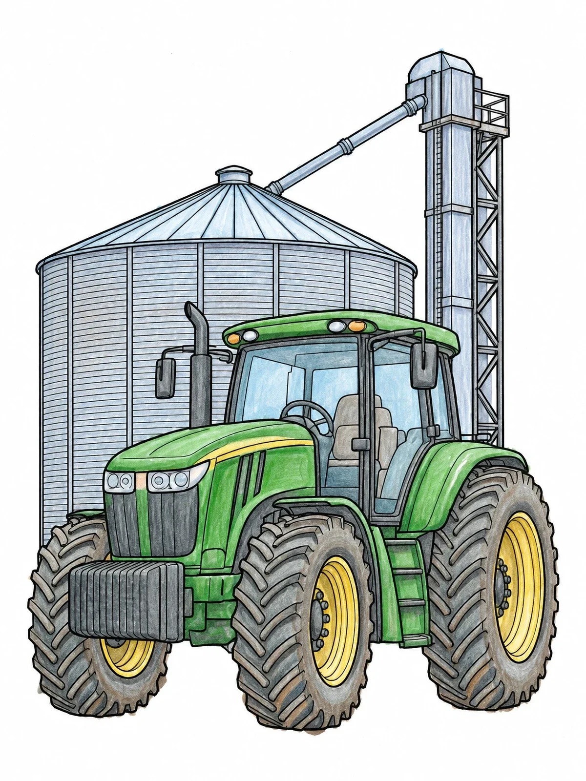 Colored example of the Modern Tractor By Grain Silo coloring page