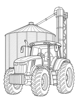 A detailed tractor coloring page featuring a large farm vehicle parked beside a grain silo.