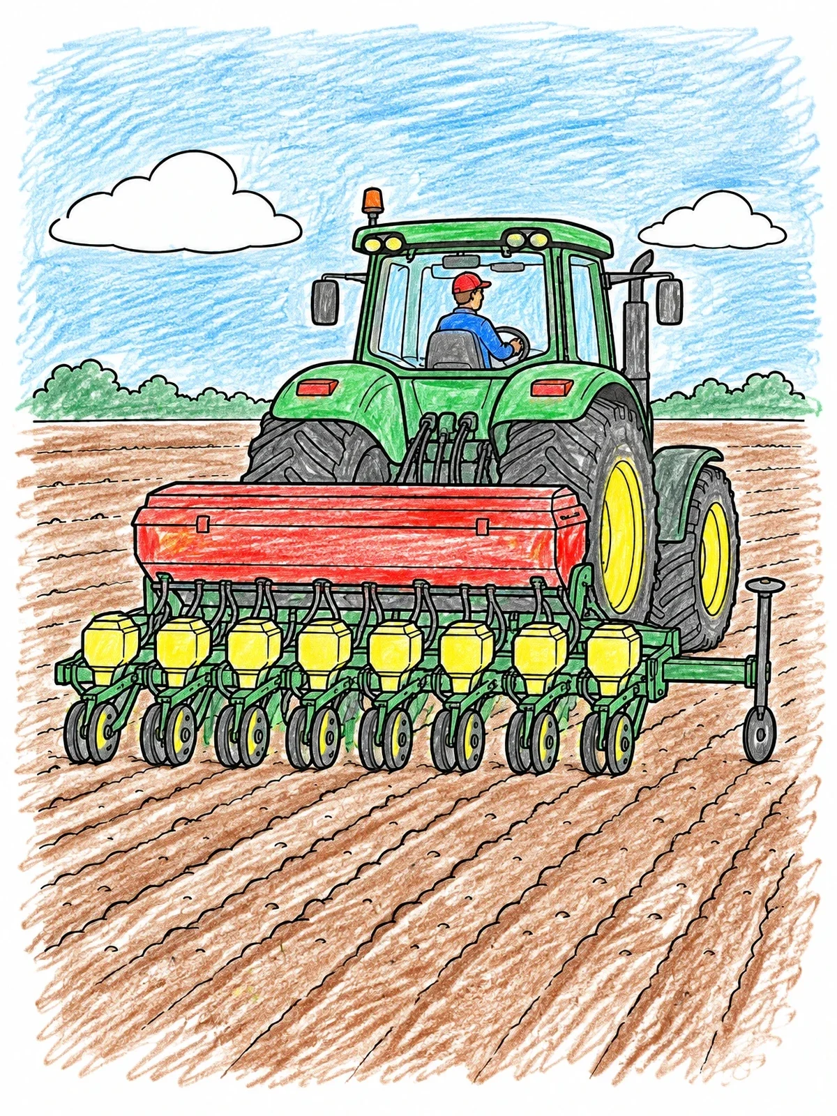 Colored example of the Modern Tractor Seeding The Field coloring page