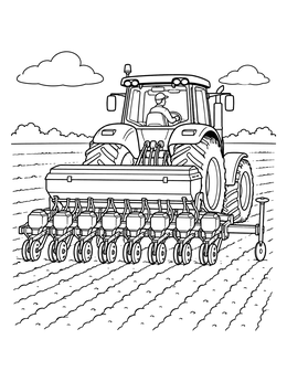 A detailed tractor coloring page showing a farmer driving through a field with a seed drill.