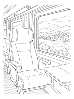Interior train coloring page showing comfortable passenger seats and a window overlooking mountains and a river.