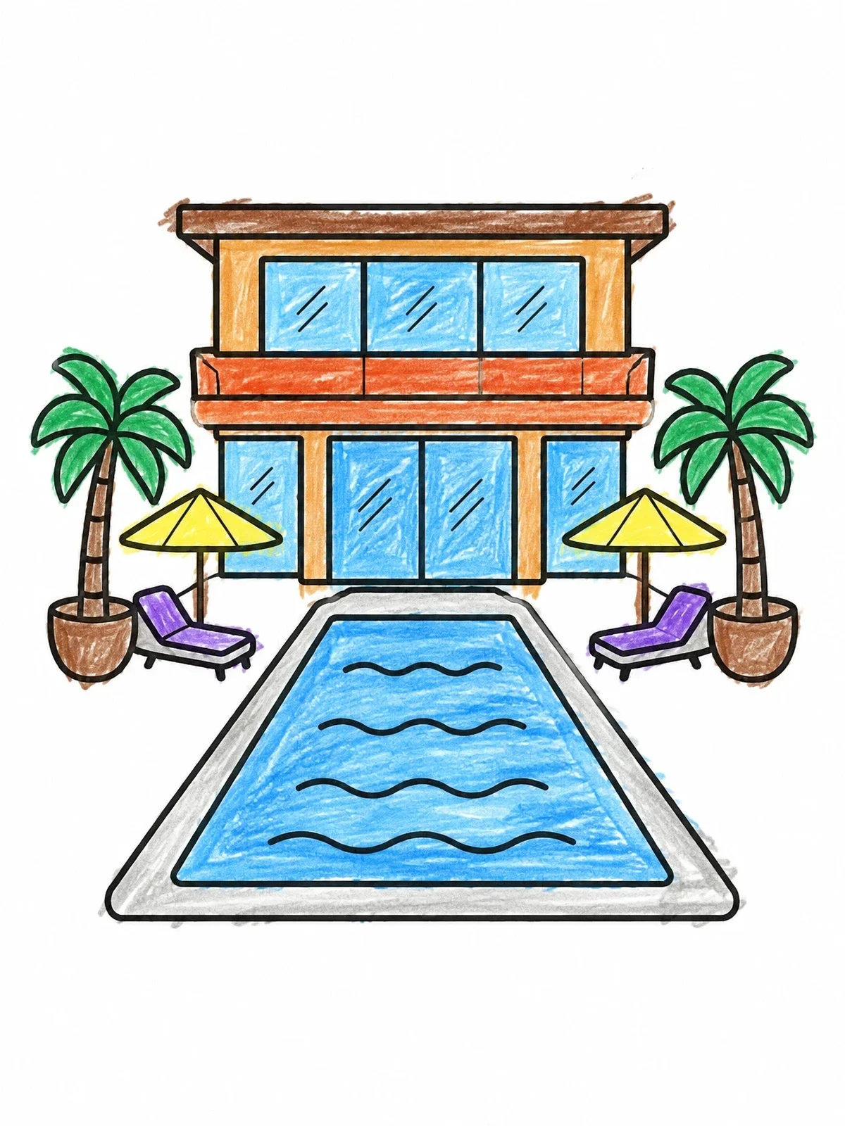 Colored example of the Modern Villa With Backyard Pool coloring page