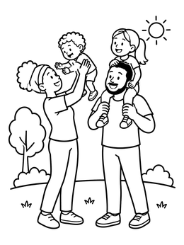 A cheerful mom and dad coloring page showing parents playing outdoors with their two kids.