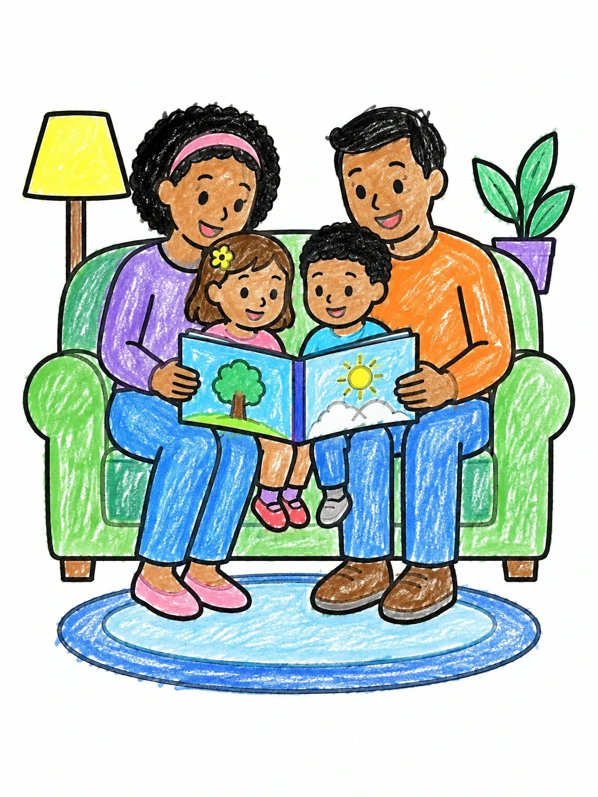 Colored example of the Family Reading On The Couch coloring page