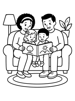 A cozy family mom and dad coloring page showing parents reading a storybook with their kids.