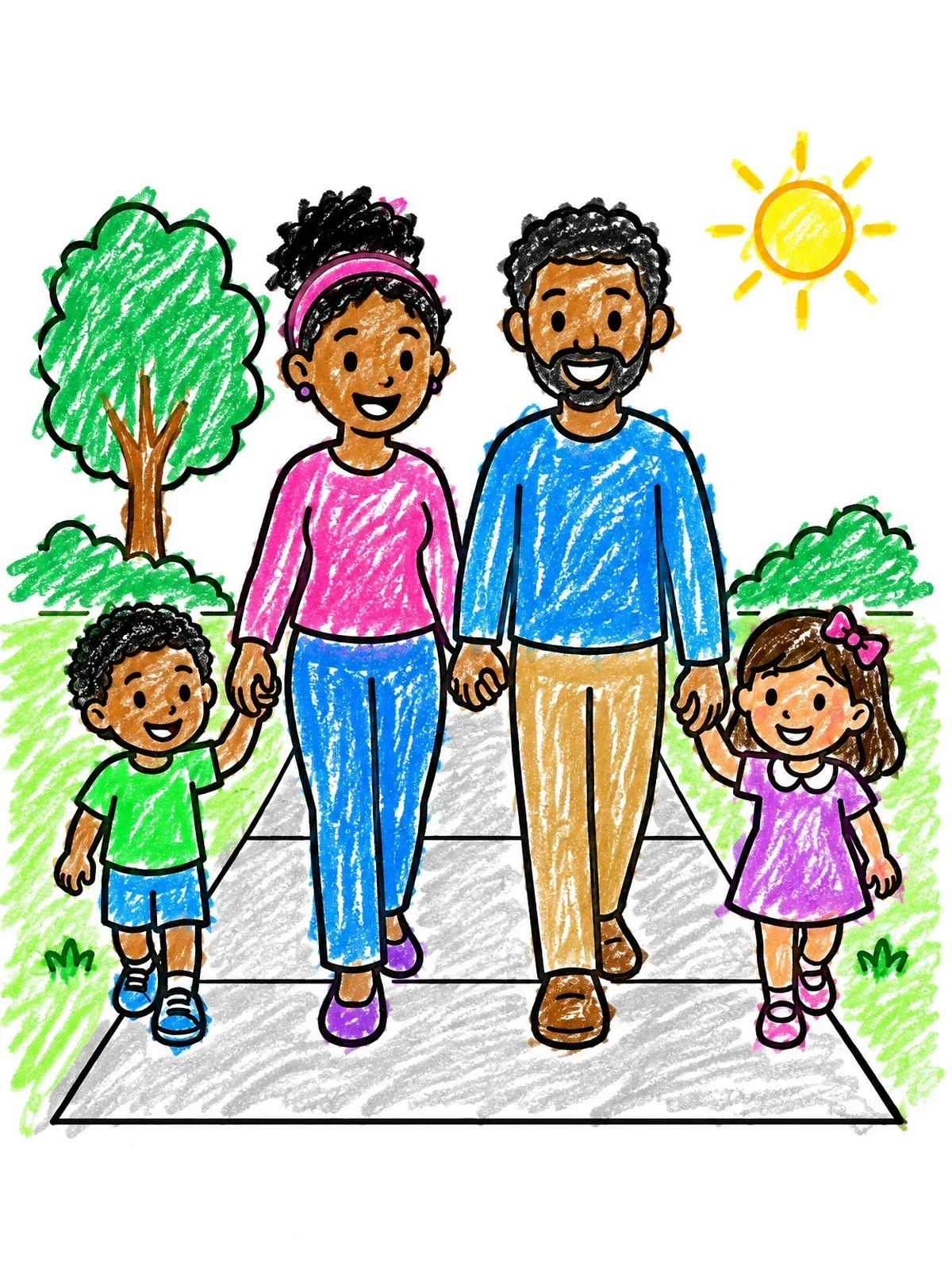 Colored example of the Family Walking Together In The Park coloring page