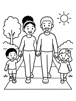 A cheerful mom and dad coloring page showing parents walking hand in hand with their son and daughter.