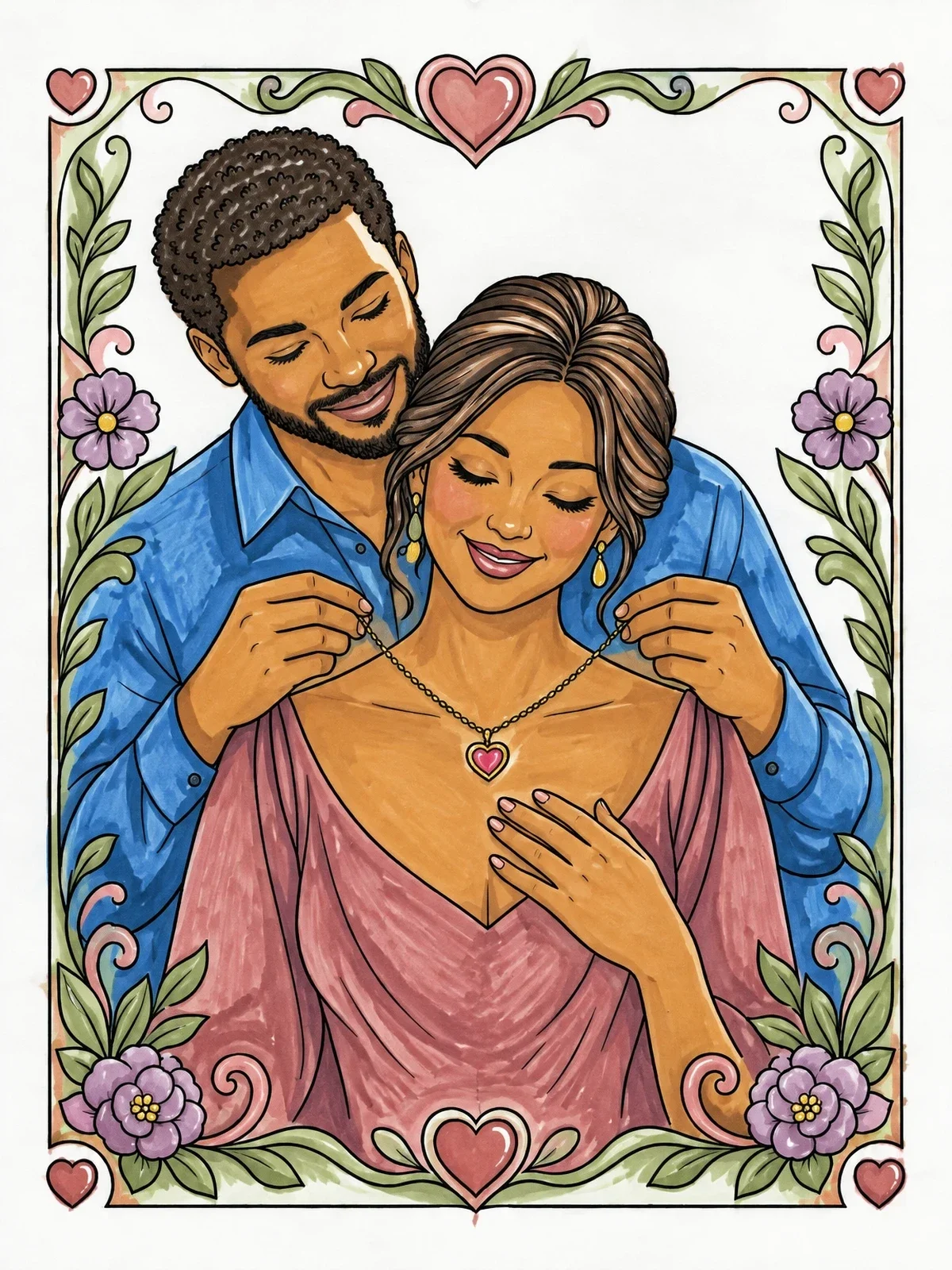 Colored example of the Father Gifting A Heart Pendant Necklace coloring page