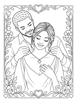 A father places a necklace on a mother in this romantic mom and dad coloring page.