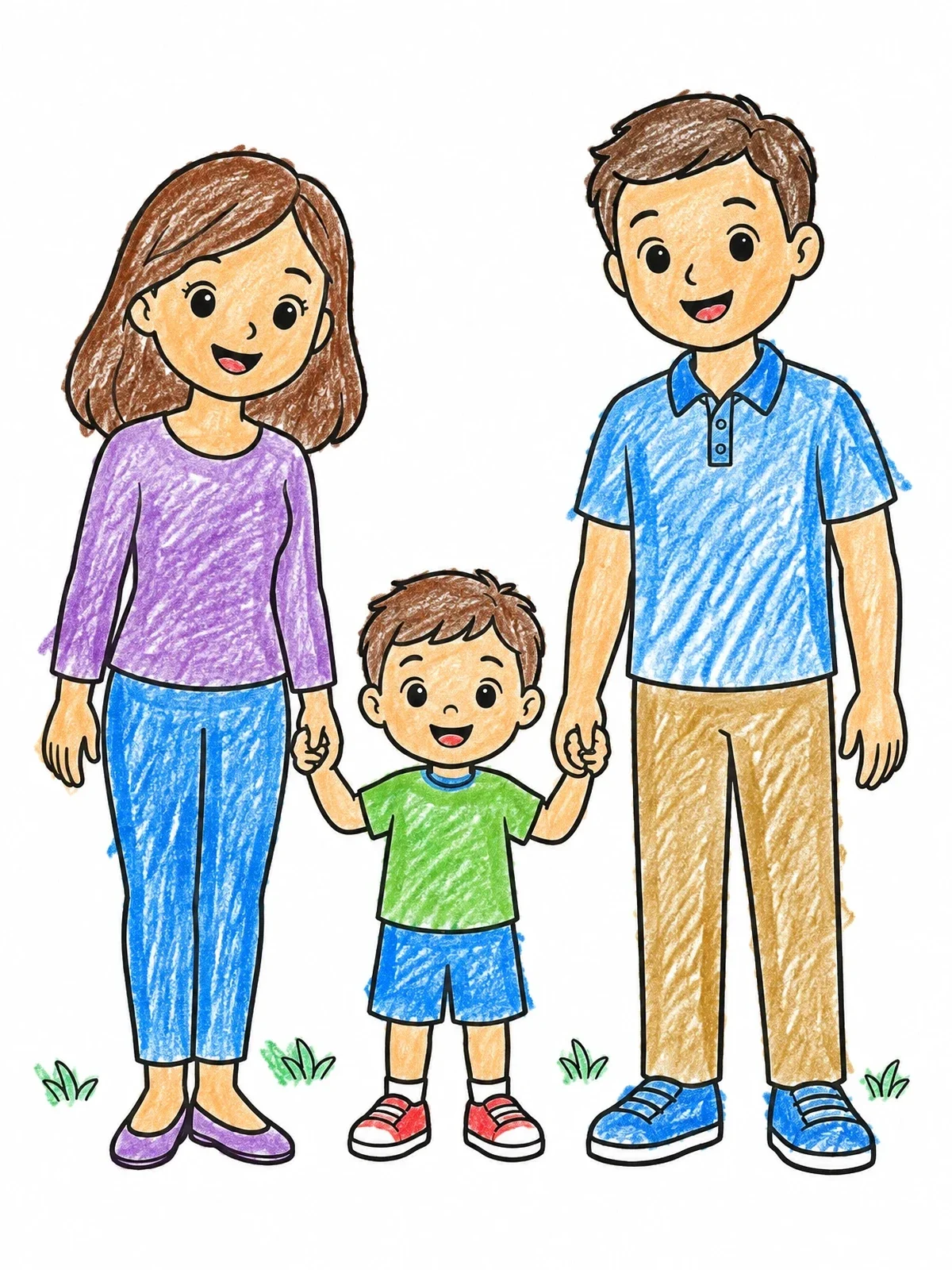 Colored example of the Happy Family Holding Hands coloring page