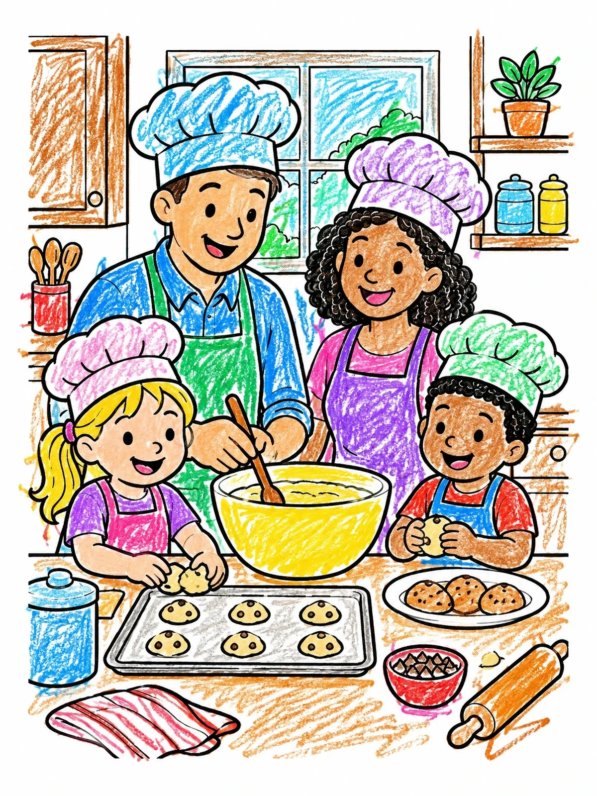Colored example of the Family Baking Cookies Together In Kitchen coloring page